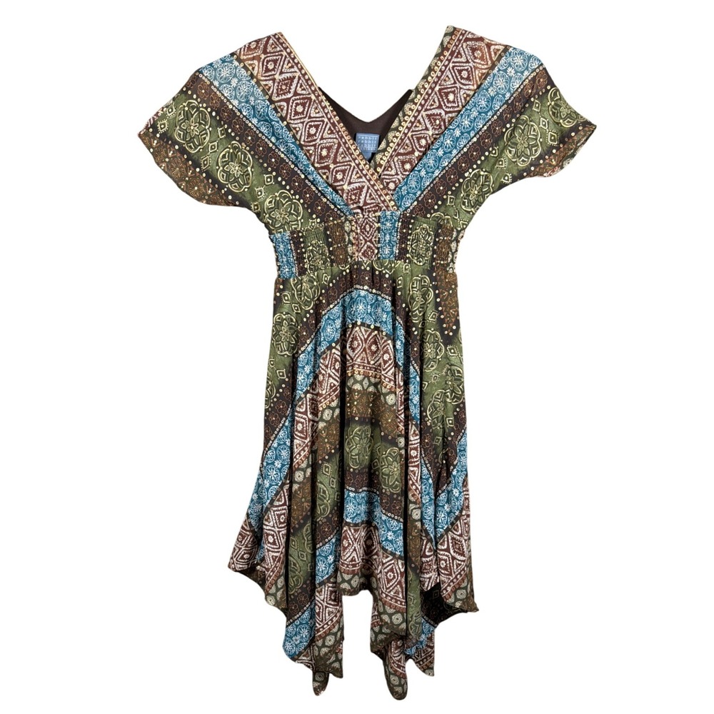 Rabbit Rabbit Rabbit Designs Dress Womens 8 Handkerchief Hem Olive Sequin NEW